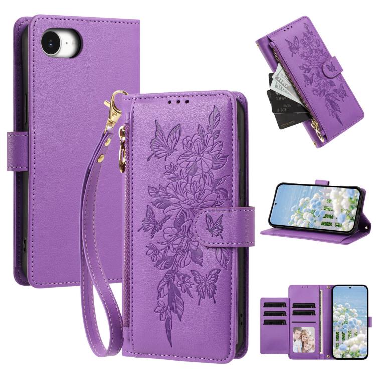 Portafoglio con cerniera a forma di farfalla e fiore, custodia per telefono in pelle vegana con cinturino, For iPhone 17e / 16e, For iPhone 17 Pro Max, For iPhone 17 Pro, For iPhone 17