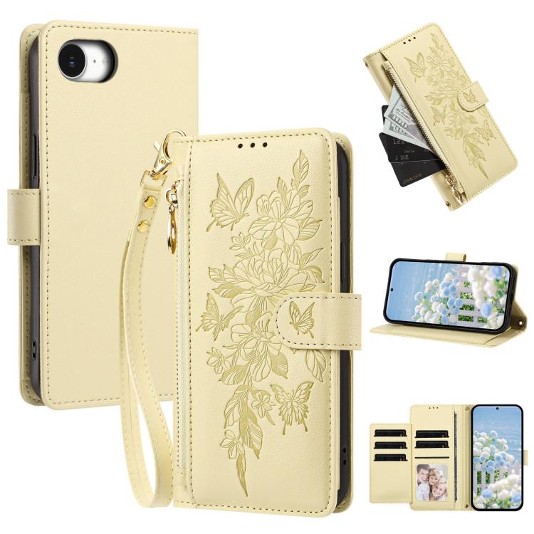 Portafoglio con cerniera a forma di farfalla e fiore, custodia per telefono in pelle vegana con cinturino, For iPhone 17e / 16e, For iPhone 17 Pro Max, For iPhone 17 Pro, For iPhone 17