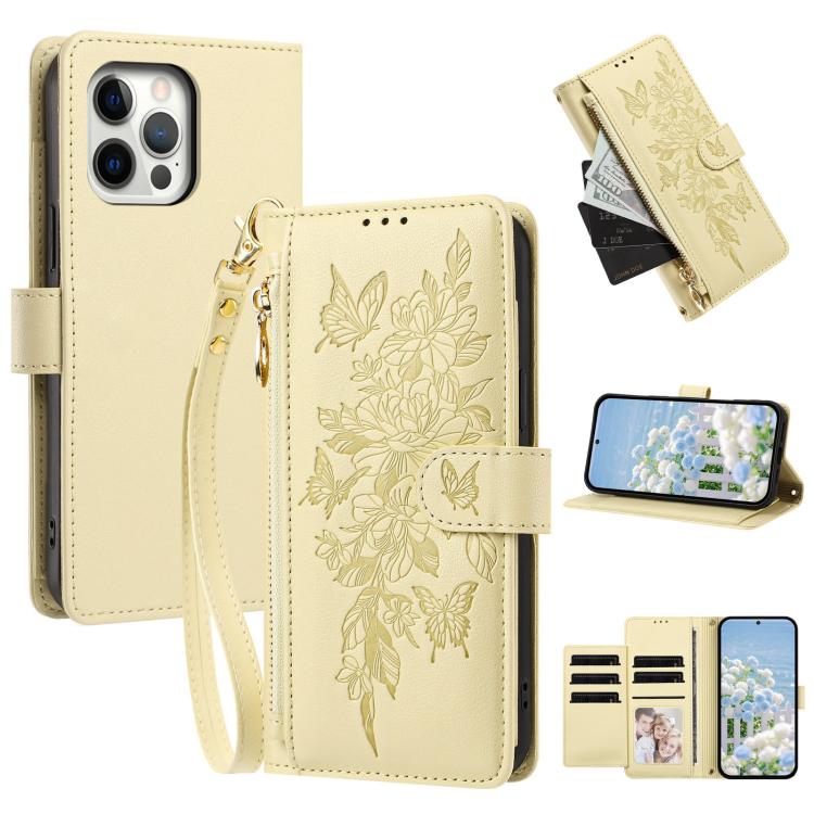 Portafoglio con cerniera a forma di farfalla e fiore, custodia per telefono in pelle vegana con cinturino, For iPhone 13 Pro Max, For iPhone 13 Pro, For iPhone 12 / 12 Pro, For iPhone 12 Pro Max