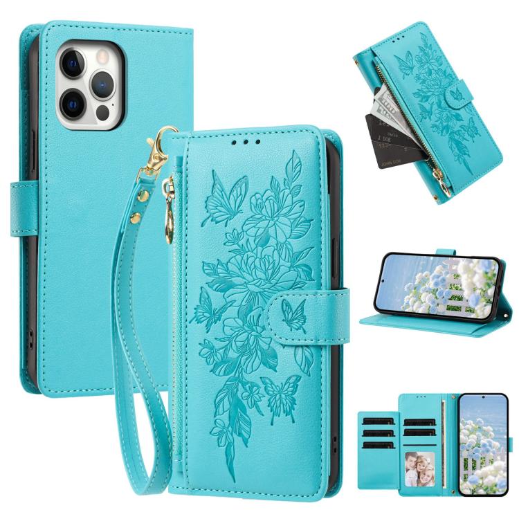Portafoglio con cerniera a forma di farfalla e fiore, custodia per telefono in pelle vegana con cinturino, For iPhone 13 Pro Max, For iPhone 13 Pro, For iPhone 12 / 12 Pro, For iPhone 12 Pro Max