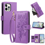 Portafoglio con cerniera a forma di farfalla e fiore, custodia per telefono in pelle vegana con cinturino, For iPhone 13 Pro Max, For iPhone 13 Pro, For iPhone 12 / 12 Pro, For iPhone 12 Pro Max