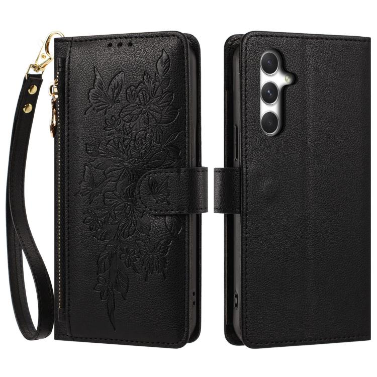 Portafoglio con cerniera a forma di farfalla e fiore, custodia per telefono in pelle vegana con cinturino, For Galaxy A15 4G / 5G, For Galaxy A55 5G, For Galaxy A35 5G, For Galaxy A25 5G