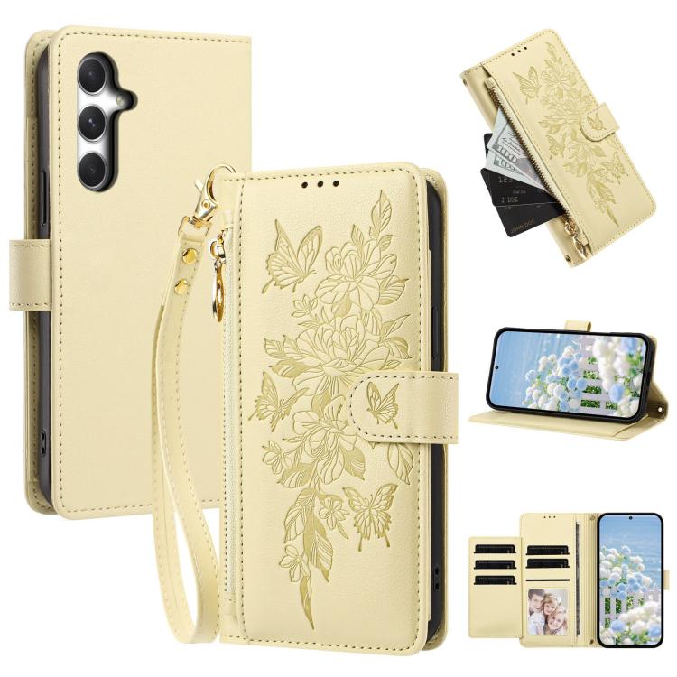 Portafoglio con cerniera a forma di farfalla e fiore, custodia per telefono in pelle vegana con cinturino, For Galaxy A15 4G / 5G, For Galaxy A55 5G, For Galaxy A35 5G, For Galaxy A25 5G
