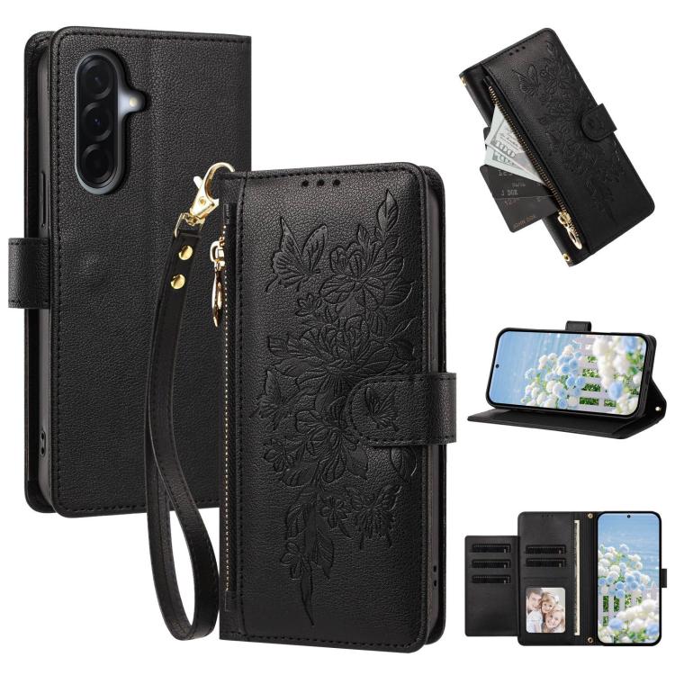 Portafoglio con cerniera a forma di farfalla e fiore, custodia per telefono in pelle vegana con cinturino, For Galaxy A57 5G, For Galaxy A37 5G, For Galaxy A27 5G, For Galaxy A25e 5G