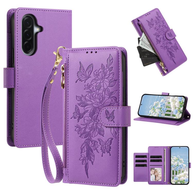 Portafoglio con cerniera a forma di farfalla e fiore, custodia per telefono in pelle vegana con cinturino, For Galaxy A57 5G, For Galaxy A37 5G, For Galaxy A27 5G, For Galaxy A25e 5G
