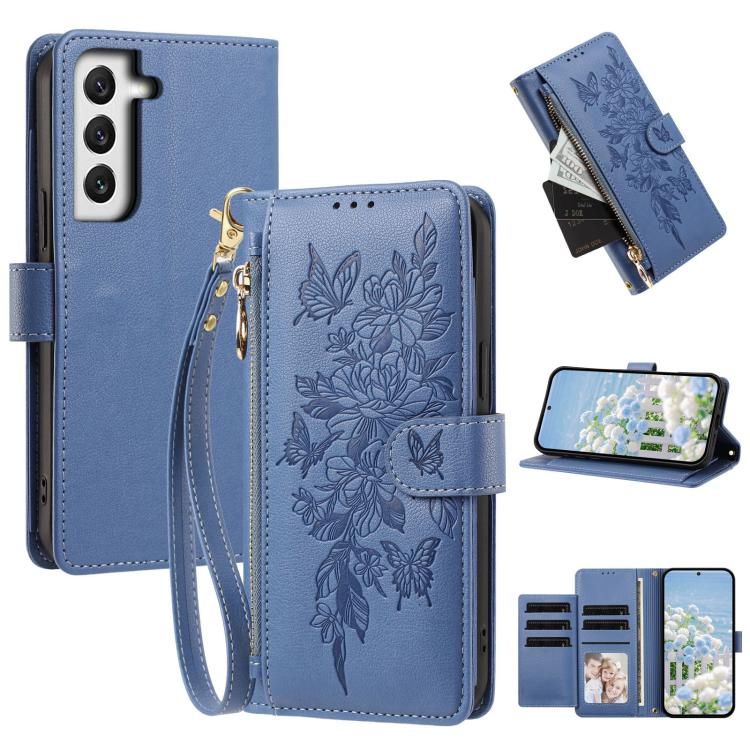 Portafoglio con cerniera a forma di farfalla e fiore, custodia per telefono in pelle vegana con cinturino, For Galaxy S22+ 5G, For Galaxy S22 5G