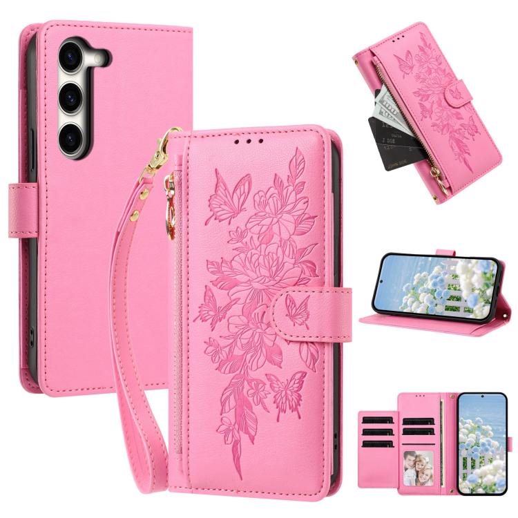 Portafoglio con cerniera a forma di farfalla e fiore, custodia per telefono in pelle vegana con cinturino, For Galaxy S23 Ultra 5G, For Galaxy S23+ 5G, For Galaxy S23 5G, For Galaxy S22 Ultra 5G