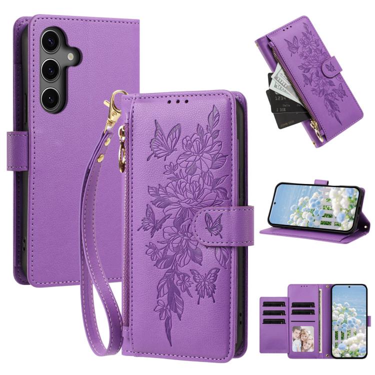 Portafoglio con cerniera a forma di farfalla e fiore, custodia per telefono in pelle vegana con cinturino, For Galaxy S25 FE 5G, For Galaxy S25 Edge 5G, For Galaxy S25 5G / S24 5G, For Galaxy S25+ 5G / S24+ 5G