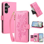 Portafoglio con cerniera a forma di farfalla e fiore, custodia per telefono in pelle vegana con cinturino, For Galaxy S25 FE 5G, For Galaxy S25 Edge 5G, For Galaxy S25 5G / S24 5G, For Galaxy S25+ 5G / S24+ 5G
