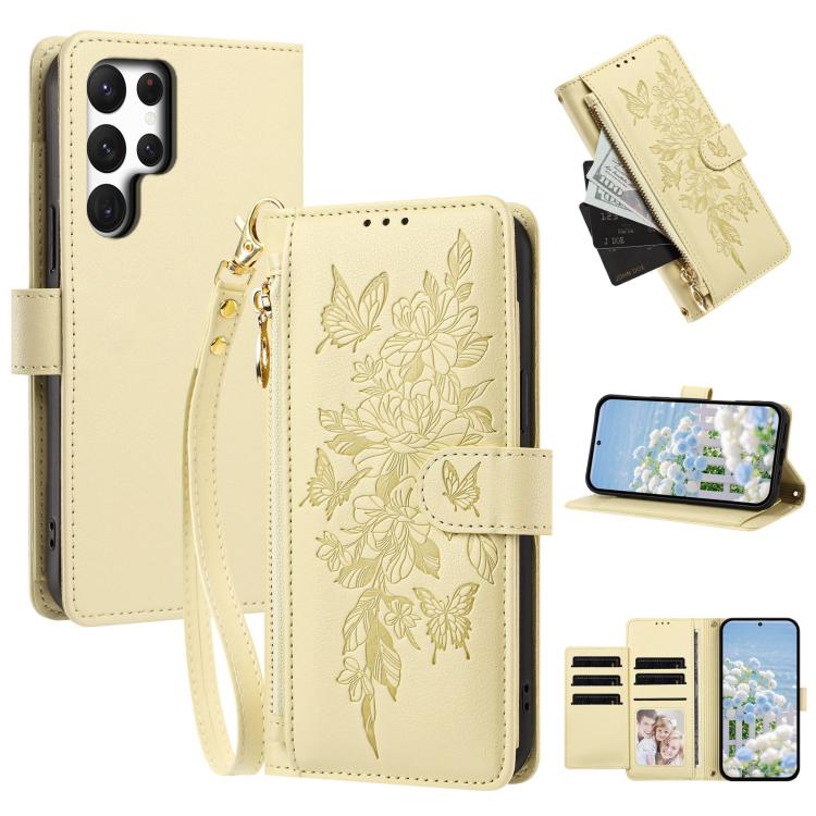 Portafoglio con cerniera a forma di farfalla e fiore, custodia per telefono in pelle vegana con cinturino, For Galaxy S25 Ultra 5G, For Galaxy S24 FE 5G, For Galaxy S24 Ultra 5G, For Galaxy S23 FE 5G