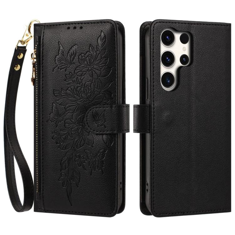 Portafoglio con cerniera a forma di farfalla e fiore, custodia per telefono in pelle vegana con cinturino, For Galaxy S25 Ultra 5G, For Galaxy S24 FE 5G, For Galaxy S24 Ultra 5G, For Galaxy S23 FE 5G