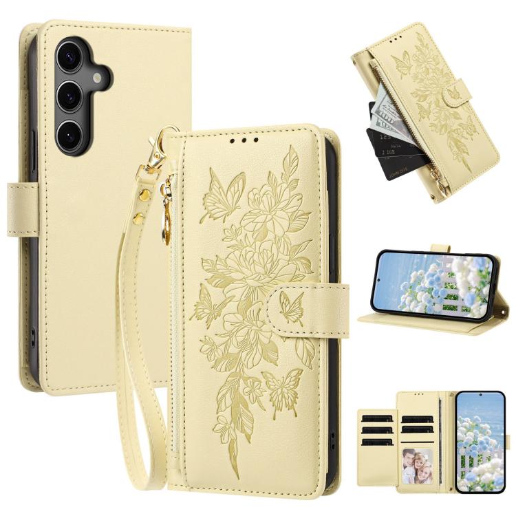 Portafoglio con cerniera a forma di farfalla e fiore, custodia per telefono in pelle vegana con cinturino, For Galaxy S25 FE 5G, For Galaxy S25 Edge 5G, For Galaxy S25 5G / S24 5G, For Galaxy S25+ 5G / S24+ 5G