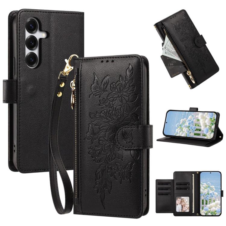 Portafoglio con cerniera a forma di farfalla e fiore, custodia per telefono in pelle vegana con cinturino, For Galaxy S26 FE 5G, For Galaxy S26+ 5G, For Galaxy S26 Ultra 5G, For Galaxy S26 5G