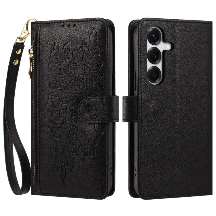 Portafoglio con cerniera a forma di farfalla e fiore, custodia per telefono in pelle vegana con cinturino, For Galaxy S26 FE 5G, For Galaxy S26+ 5G, For Galaxy S26 Ultra 5G, For Galaxy S26 5G