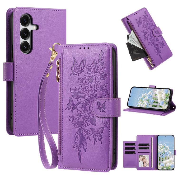 Portafoglio con cerniera a forma di farfalla e fiore, custodia per telefono in pelle vegana con cinturino, For Galaxy S26 FE 5G, For Galaxy S26+ 5G, For Galaxy S26 Ultra 5G, For Galaxy S26 5G