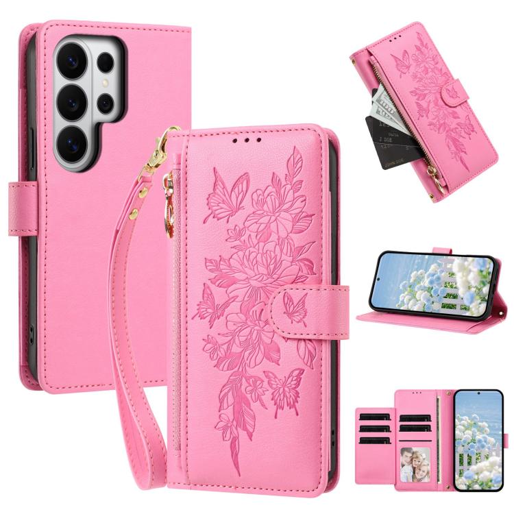 Portafoglio con cerniera a forma di farfalla e fiore, custodia per telefono in pelle vegana con cinturino, For Galaxy S26 FE 5G, For Galaxy S26+ 5G, For Galaxy S26 Ultra 5G, For Galaxy S26 5G