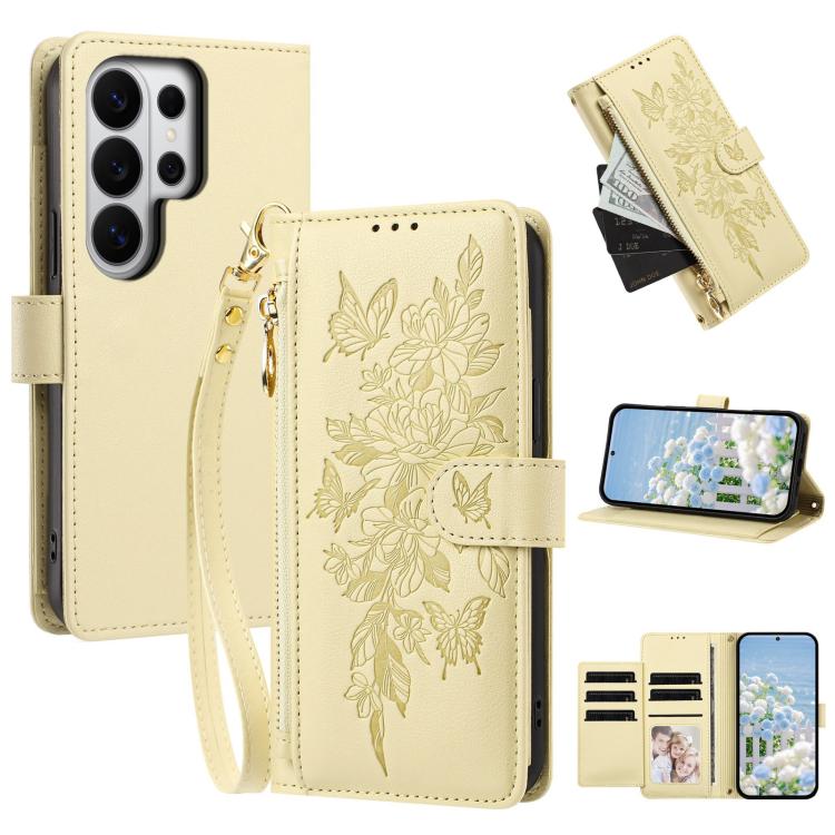 Portafoglio con cerniera a forma di farfalla e fiore, custodia per telefono in pelle vegana con cinturino, For Galaxy S26 FE 5G, For Galaxy S26+ 5G, For Galaxy S26 Ultra 5G, For Galaxy S26 5G