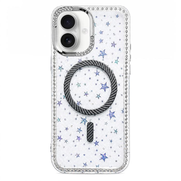 Custodia per telefono con anello magnetico in fibra di carbonio con strass e motivo a stella., For iPhone 16 Pro Max, For iPhone 16 Pro, For iPhone 16 Plus, For iPhone 16