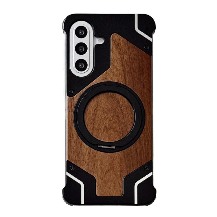 Custodia per telefono magnetica con supporto girevole a 360° in metallo e legno di noce, armatura, senza cornice., For Galaxy A57 5G, For Galaxy A56 5G