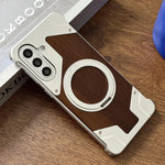 Custodia per telefono magnetica con supporto girevole a 360° in metallo e legno di noce, armatura, senza cornice., For Galaxy A57 5G, For Galaxy A56 5G