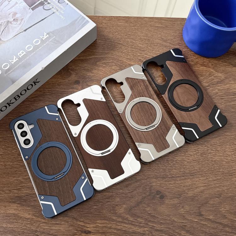 Custodia per telefono magnetica con supporto girevole a 360° in metallo e legno di noce, armatura, senza cornice., For Galaxy A57 5G, For Galaxy A56 5G