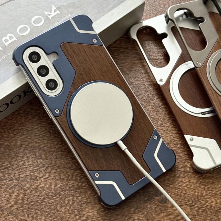 Custodia per telefono magnetica con supporto girevole a 360° in metallo e legno di noce, armatura, senza cornice., For Galaxy A57 5G, For Galaxy A56 5G