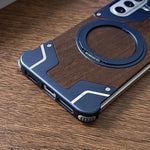 Custodia per telefono magnetica con supporto girevole a 360° in metallo e legno di noce, armatura, senza cornice., For Galaxy A57 5G, For Galaxy A56 5G
