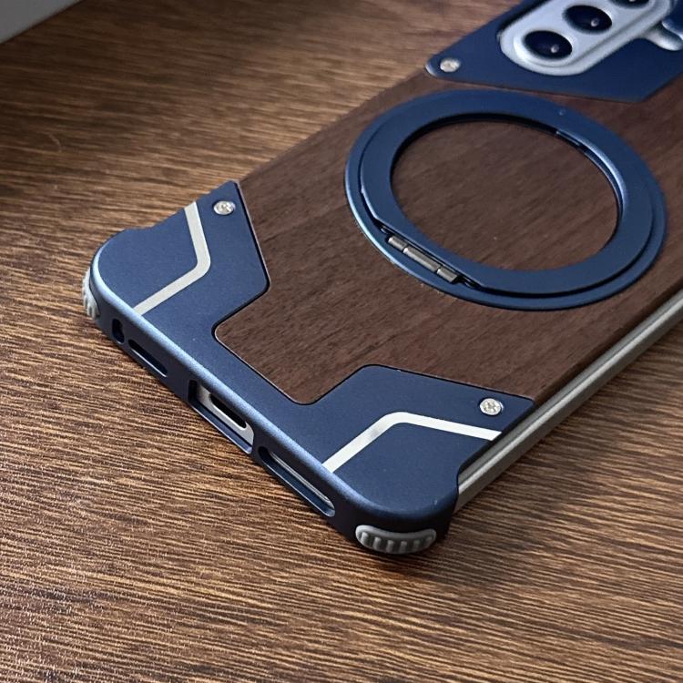 Custodia per telefono magnetica con supporto girevole a 360° in metallo e legno di noce, armatura, senza cornice., For Galaxy A57 5G, For Galaxy A56 5G