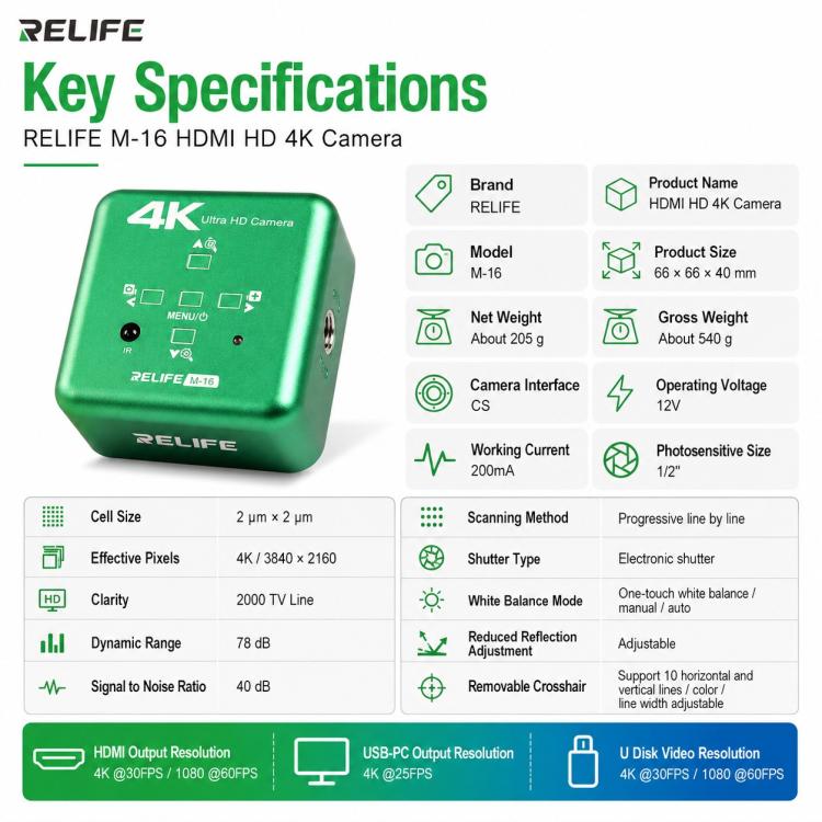 RELIFE M-16 HD 4K 30fps Telecamera per microscopio elettronico di livello industriale, RELIFE M-16 EU Plug, RELIFE M-16 US Plug