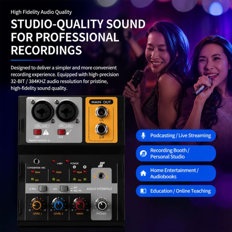 F-2A Mixer professionale multifunzione a 2 vie per registrazione e streaming live con scheda audio USB, F-2A