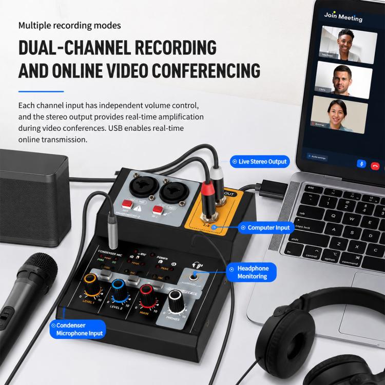 F-2A Mixer professionale multifunzione a 2 vie per registrazione e streaming live con scheda audio USB, F-2A