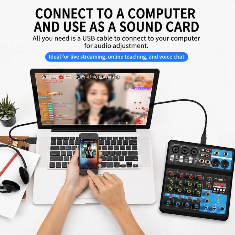 F-5A Mixer professionale multifunzione a 5 vie per registrazione e streaming live con Bluetooth e scheda audio, EU Plug, UK Plug, US Plug