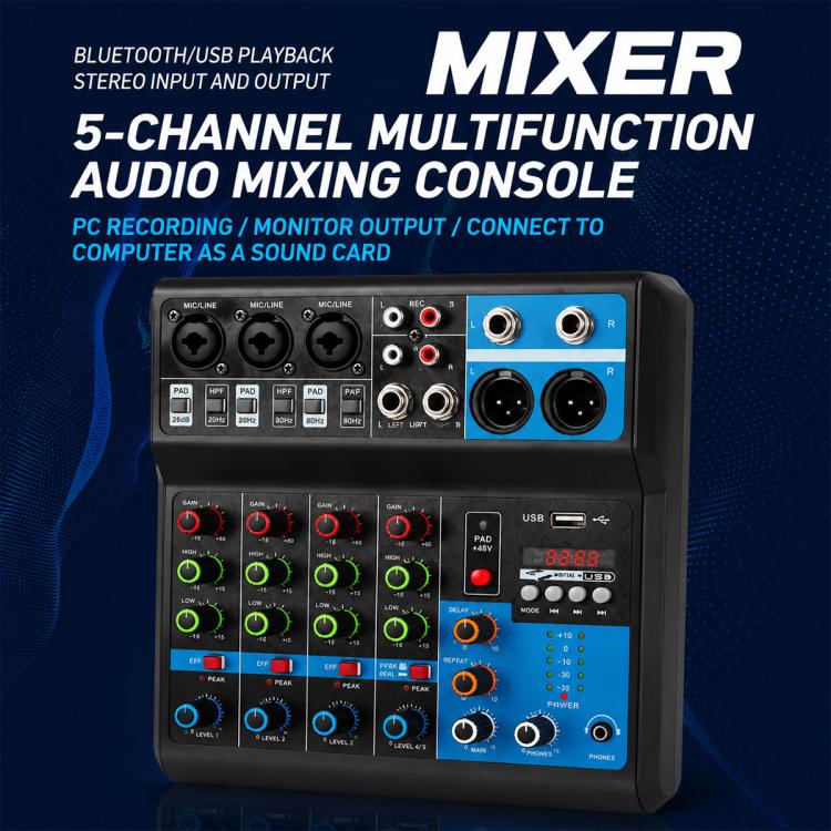 F-5A Mixer professionale multifunzione a 5 vie per registrazione e streaming live con Bluetooth e scheda audio, EU Plug, UK Plug, US Plug