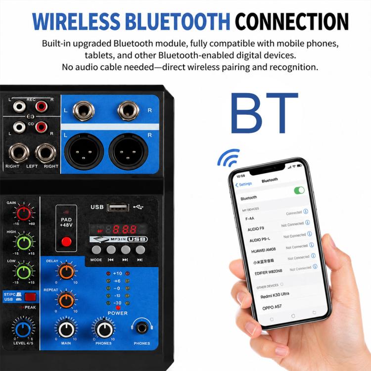 F-5A Mixer professionale multifunzione a 5 vie per registrazione e streaming live con Bluetooth e scheda audio, EU Plug, UK Plug, US Plug