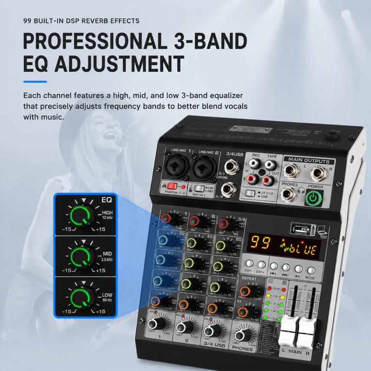 Mixer professionale multifunzione a 4 canali TP-4M con scheda audio Bluetooth., EU Plug, UK Plug, US Plug