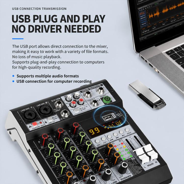 Mixer professionale multifunzione a 4 canali TP-4M con scheda audio Bluetooth., EU Plug, UK Plug, US Plug