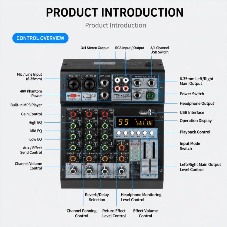 Mixer professionale multifunzione a 6 canali TP-6M con scheda audio Bluetooth., EU Plug, UK Plug, US Plug