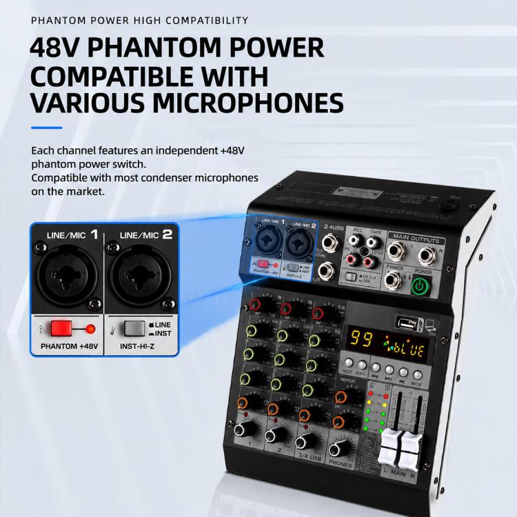 Mixer professionale multifunzione a 6 canali TP-6M con scheda audio Bluetooth., EU Plug, UK Plug, US Plug