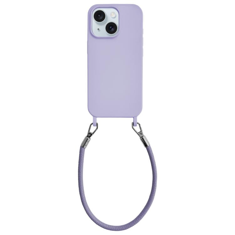 Custodia per telefono in silicone antiurto con passanti integrati per cordino e cordino in pelle., For iPhone 15 Plus