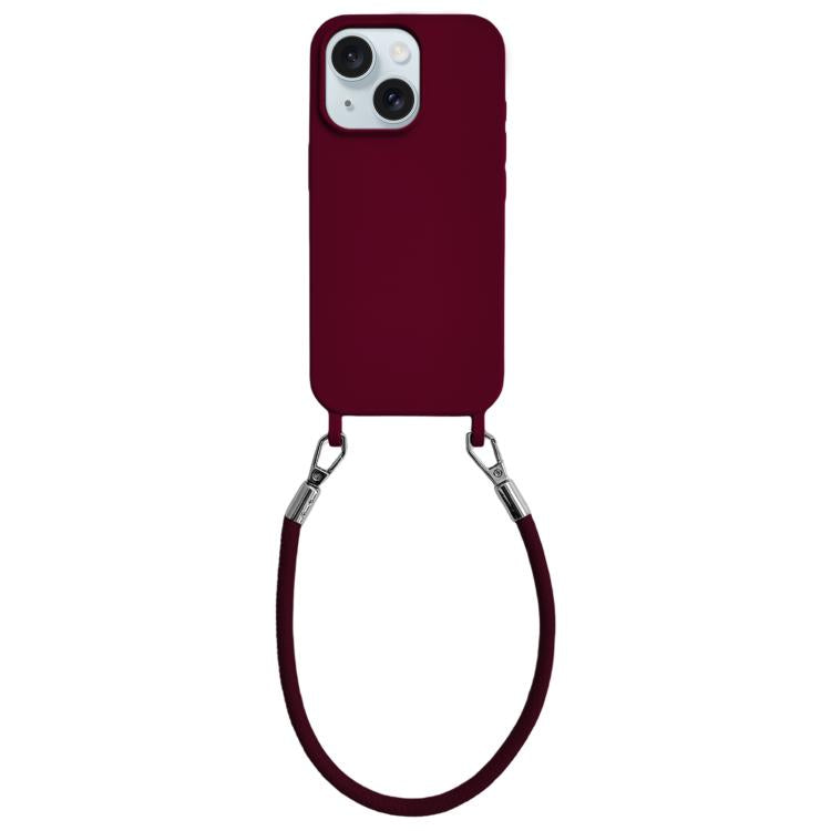 Custodia per telefono in silicone antiurto con passanti integrati per cordino e cordino in pelle., For iPhone 15 Plus