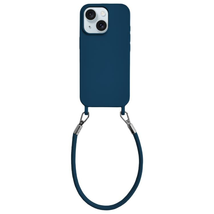 Custodia per telefono in silicone antiurto con passanti integrati per cordino e cordino in pelle., For iPhone 15 Plus