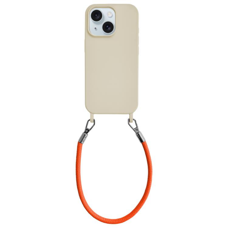 Custodia per telefono in silicone antiurto con passanti integrati per cordino e cordino in pelle., For iPhone 15