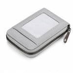 Portafoglio a fisarmonica in pelle PU con cerniera e scomparti multipli per carte.