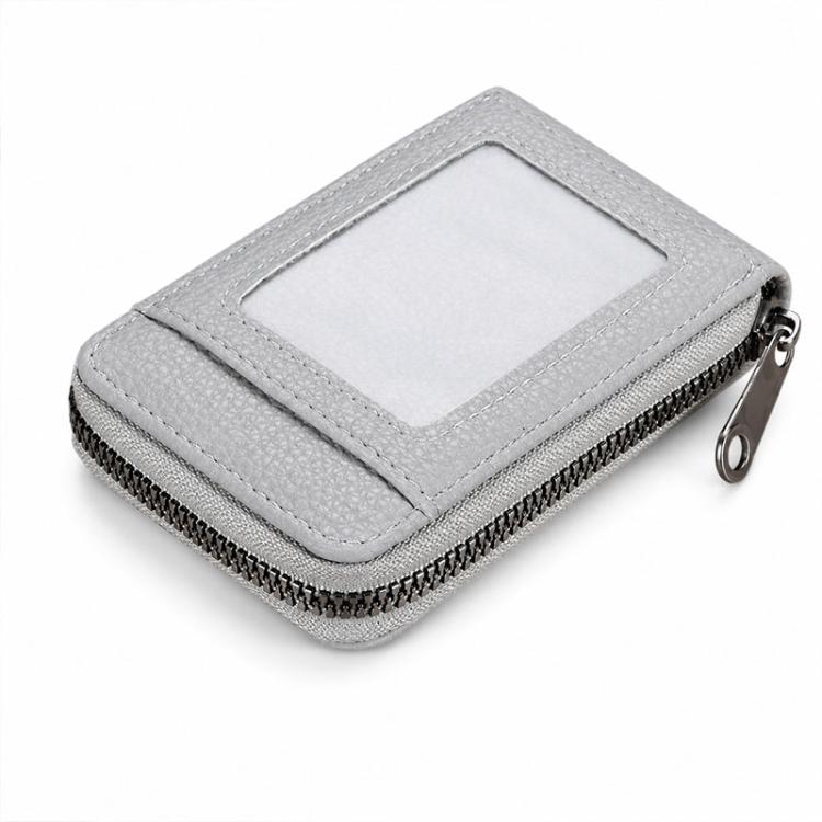 Portafoglio a fisarmonica in pelle PU con cerniera e scomparti multipli per carte.