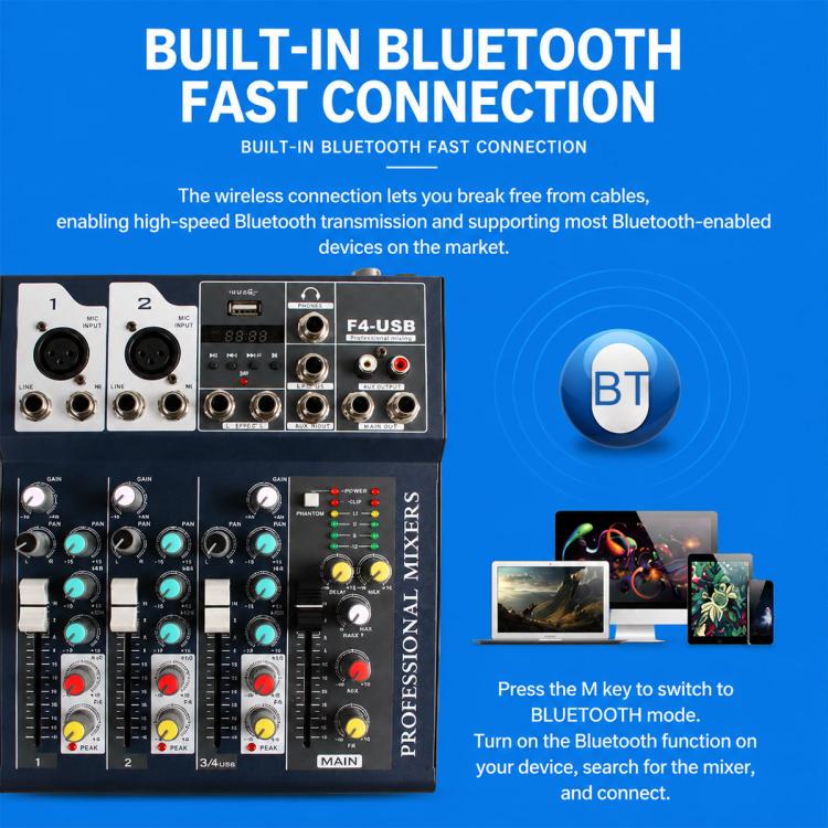 Mixer professionale Bluetooth multifunzione a 4 canali F4 per live streaming, EU Plug, UK Plug, US Plug