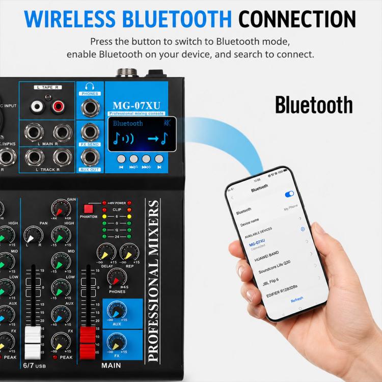 MG-07 Mixer professionale multifunzione a 7 canali con Bluetooth per streaming live e registrazione, EU Plug, UK Plug, US Plug