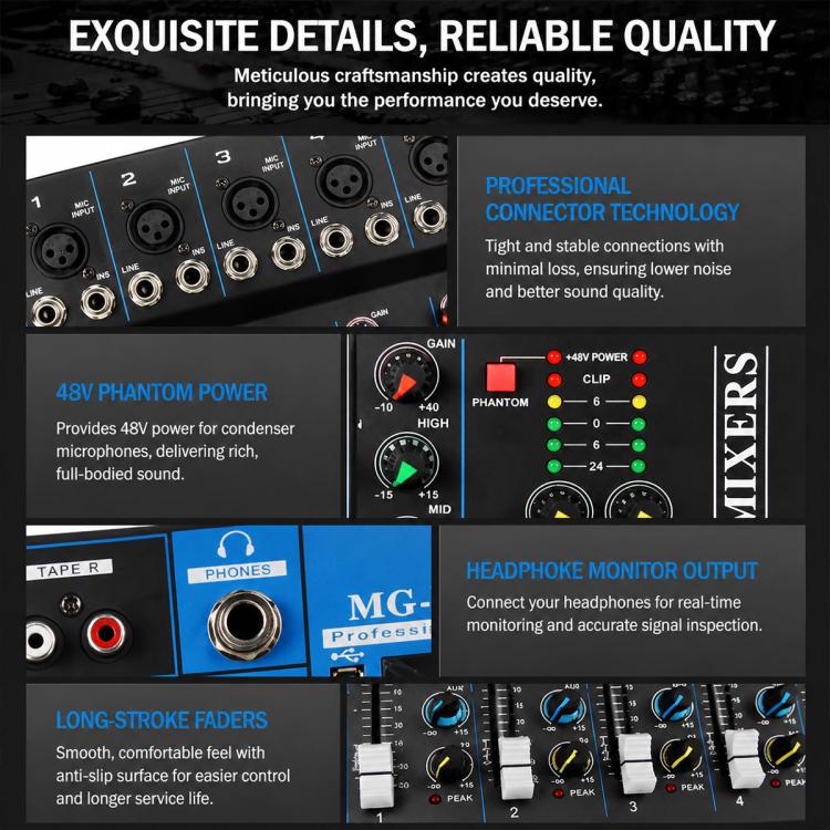 MG-07 Mixer professionale multifunzione a 7 canali con Bluetooth per streaming live e registrazione, EU Plug, UK Plug, US Plug