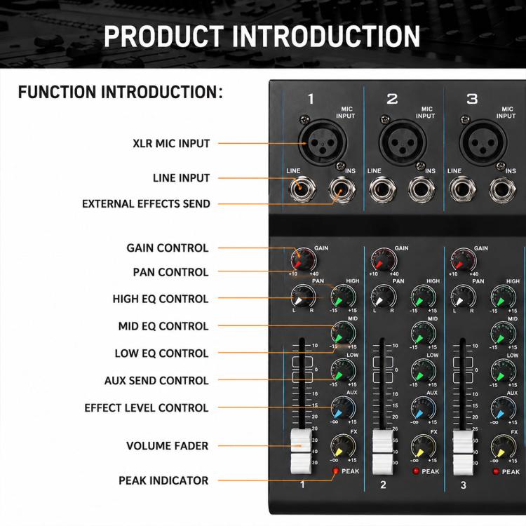 MG-07 Mixer professionale multifunzione a 7 canali con Bluetooth per streaming live e registrazione, EU Plug, UK Plug, US Plug