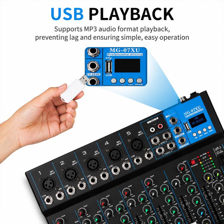 MG-07 Mixer professionale multifunzione a 7 canali con Bluetooth per streaming live e registrazione, EU Plug, UK Plug, US Plug