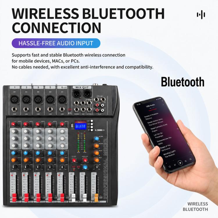 Mixer professionale Bluetooth a 6 canali CT-6 con amplificatore, EU Plug, UK Plug, US Plug